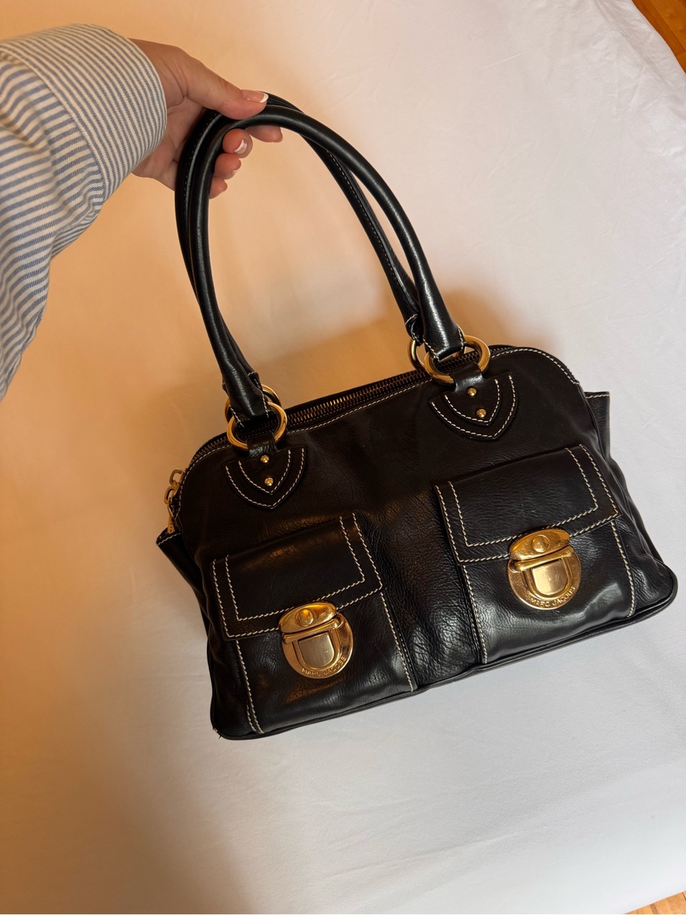 Vintage Marc Jacobs Black Leather Satchel Handbag with Gold Hardware